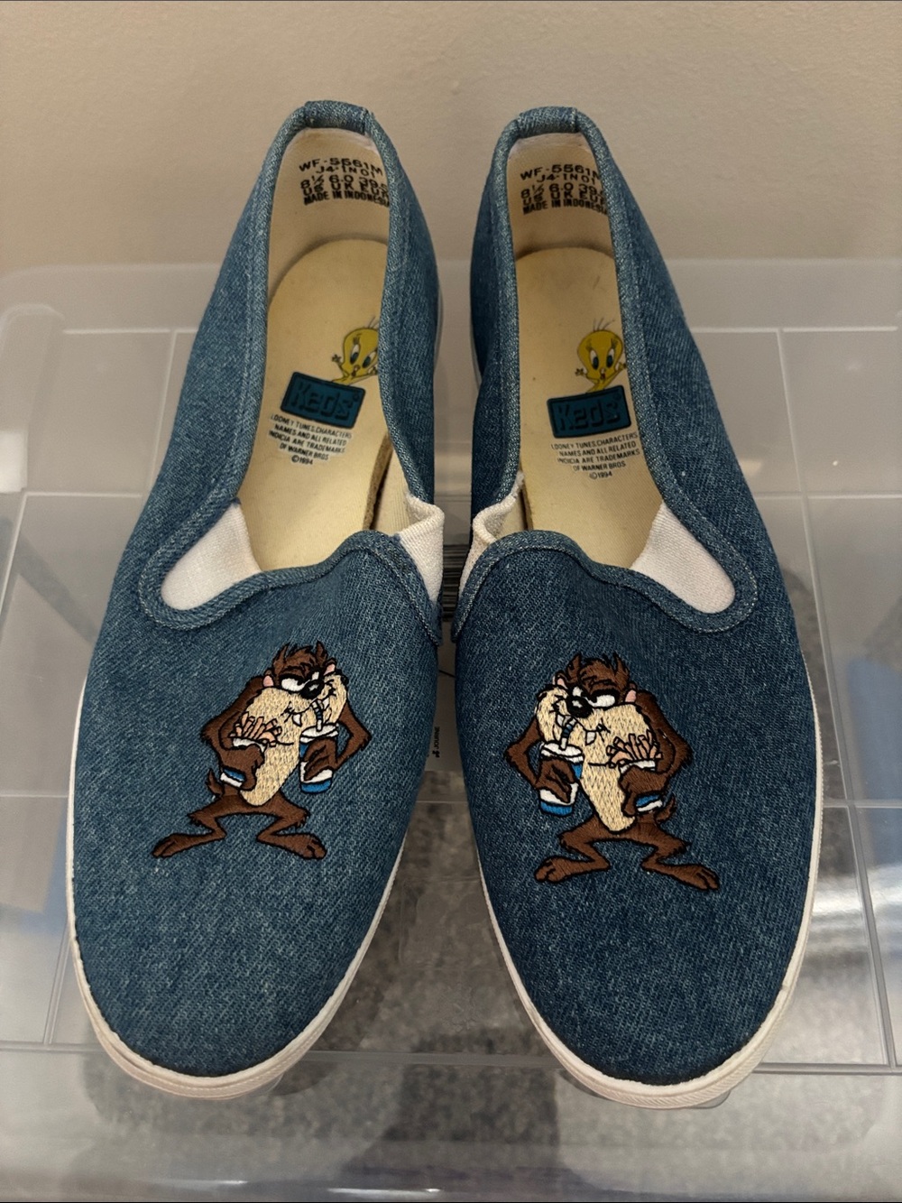VINTAGE Keds Denim Slip-On Sneakers with Taz Embroidery